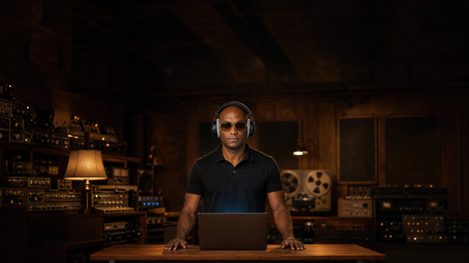 Rob of Rob & The Robot Band at a studio desk, headphones and aviators, warm vintage studio behind him